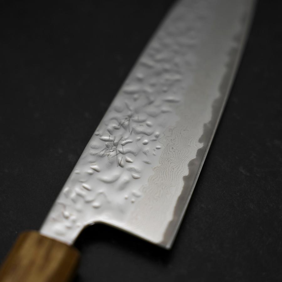 Santoku AUS-10 Mirror Tsuchime Damascus Yaki urushi Handle 165mm