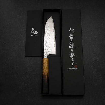 Santoku AUS-10 Mirror Tsuchime Damascus Yaki urushi Handle 165mm