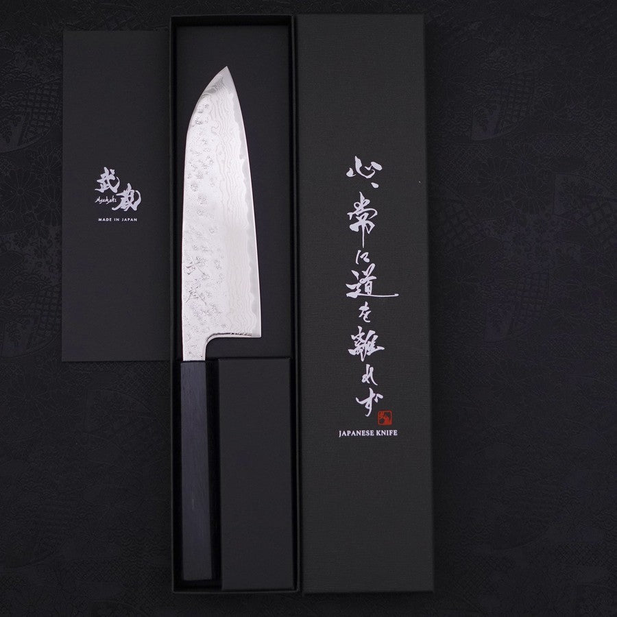Santoku AUS-10 Nashiji Damascus Dark Blue Urushi Handle 165mm