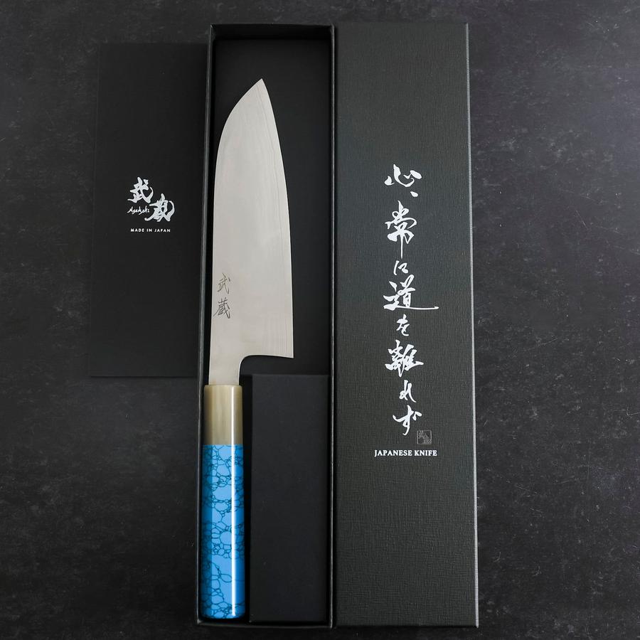 Santoku AUS-10 Nickel Damascus Buffalo Turquoise Handle 170mm