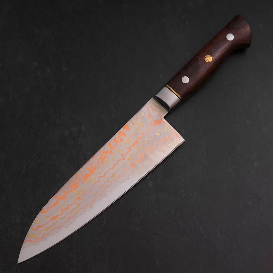 Santoku Blue Steel #2 Stainless Clad Colored Damascus Western Ironwood Handle 180mm