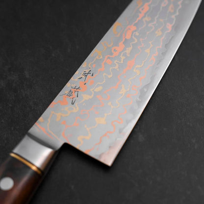 Santoku Blue Steel #2 Stainless Clad Colored Damascus Western Ironwood Handle 180mm
