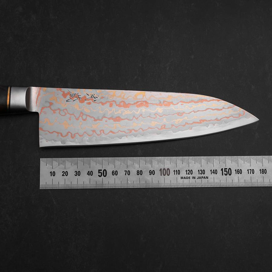 Santoku Blue Steel #2 Stainless Clad Colored Damascus Western Ironwood Handle 180mm