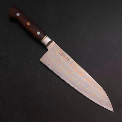 Santoku Blue Steel #2 Stainless Clad Colored Damascus Western Ironwood Handle 180mm