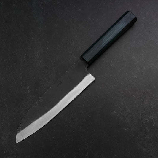 Santoku Blue Steel #1 Kurouchi Dark Blue Urushi Handle 180mm