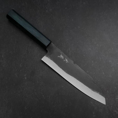 Santoku Blue Steel #1 Kurouchi Dark Blue Urushi Handle 180mm
