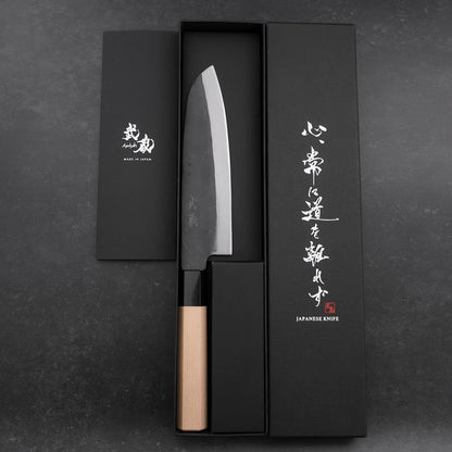 Santoku Blue Steel #1 Stainless Clad Kurouchi Buffalo Magnolia Handle 165mm