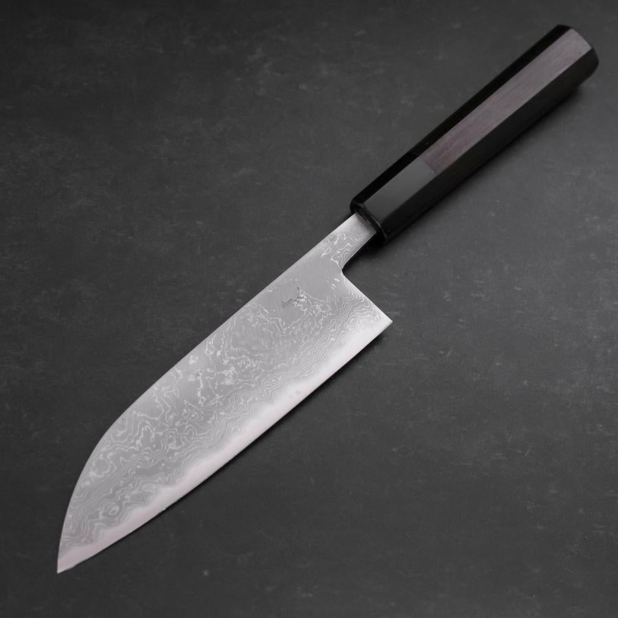 Santoku Blue Steel #2 Damascus Buffalo Ebony Handle 165mm