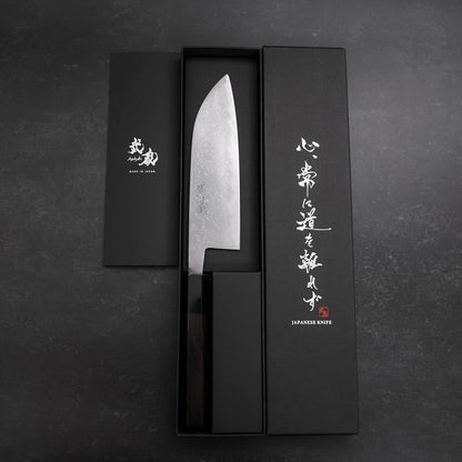 Santoku Blue Steel #2 Damascus Buffalo Ebony Handle 165mm