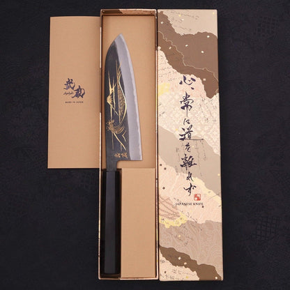 Santoku Blue Steel #2 Kurouchi Chokin Nami-Fuji Buffalo Ebony Handle 170mm