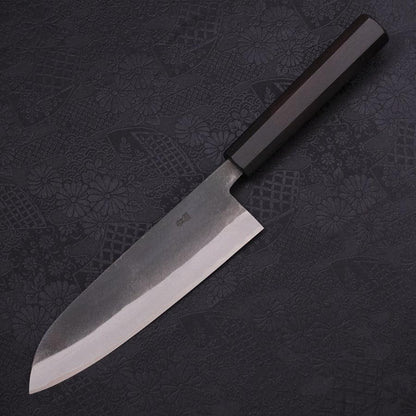 Santoku Blue Steel #2 Kurouchi Chokin Nami-Fuji Buffalo Ebony Handle 170mm