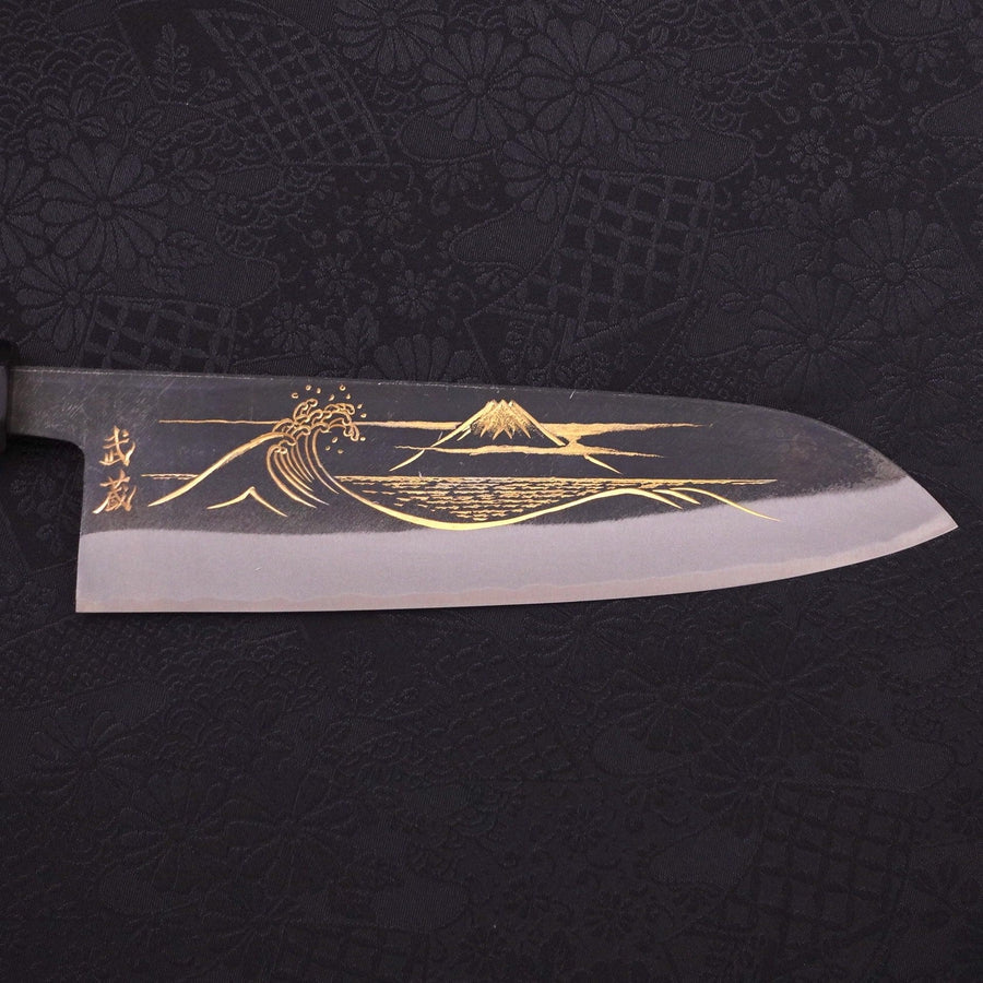 Santoku Blue Steel #2 Kurouchi Chokin Nami-Fuji Buffalo Ebony Handle 170mm