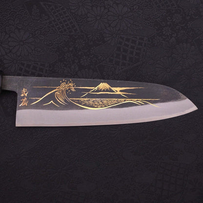 Santoku Blue Steel #2 Kurouchi Chokin Nami-Fuji Buffalo Ebony Handle 170mm