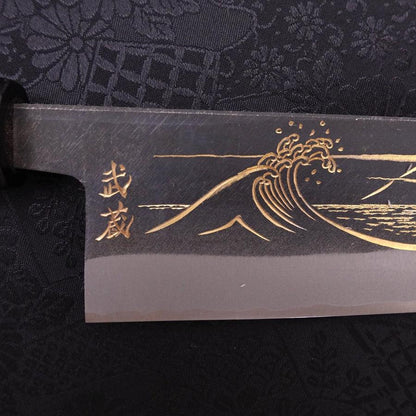 Santoku Blue Steel #2 Kurouchi Chokin Nami-Fuji Buffalo Ebony Handle 170mm