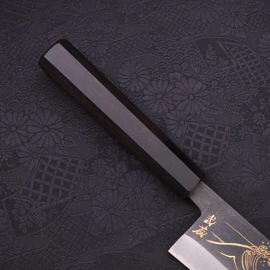 Santoku Blue Steel #2 Kurouchi Chokin Nami-Fuji Buffalo Ebony Handle 170mm