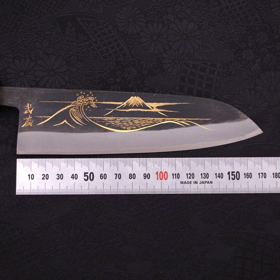 Santoku Blue Steel #2 Kurouchi Chokin Nami-Fuji Buffalo Ebony Handle 170mm