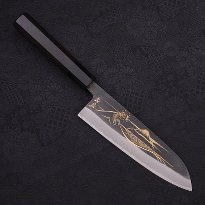 Santoku Blue Steel #2 Kurouchi Chokin Nami-Fuji Buffalo Ebony Handle 170mm