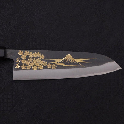 Santoku Blue Steel #2 Kurouchi Chokin Sakura-Fuji Buffalo Ebony Handle 170mm