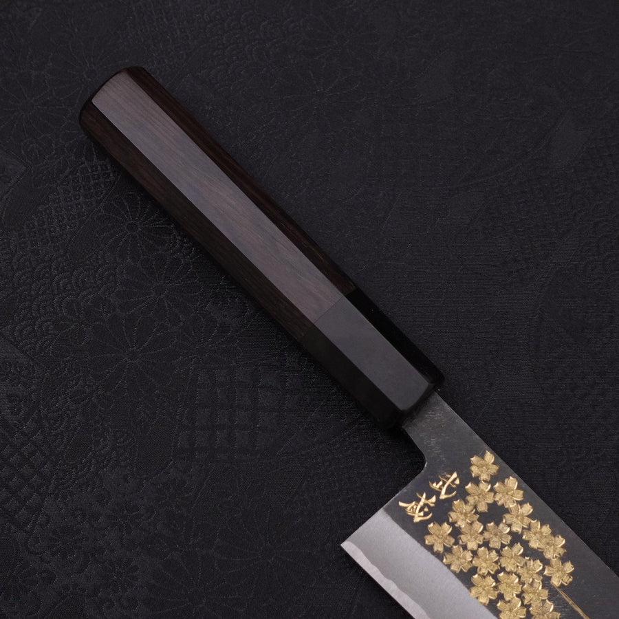 Santoku Blue Steel #2 Kurouchi Chokin Sakura-Fuji Buffalo Ebony Handle 170mm