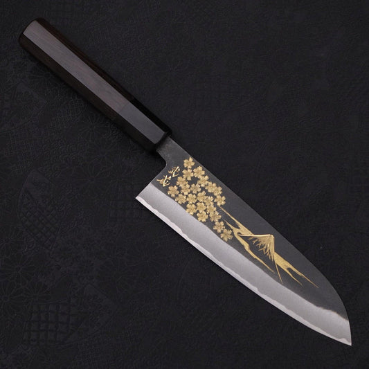 Santoku Blue Steel #2 Kurouchi Chokin Sakura-Fuji Buffalo Ebony Handle 170mm