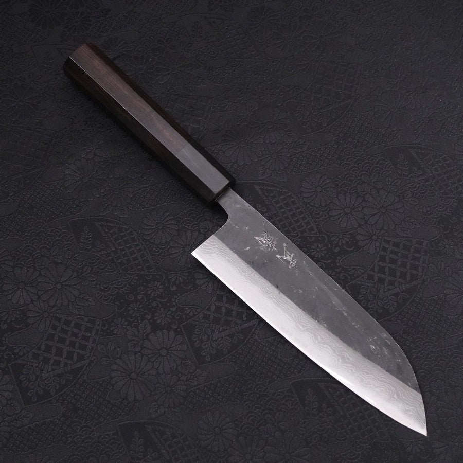 Santoku Blue Steel #2 Kurouchi Damascus Buffalo Ebony Handle 165mm