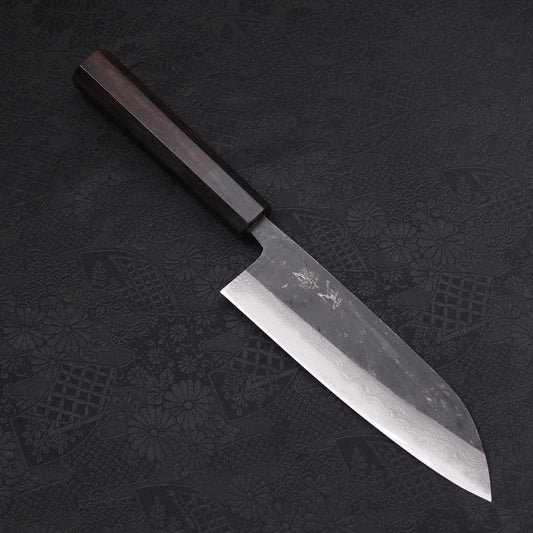 Santoku Blue Steel #2 Kurouchi Damascus Buffalo Ebony Handle 165mm