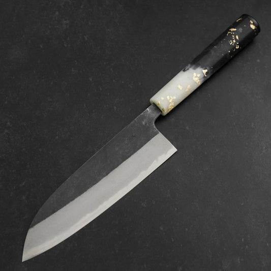 Santoku Blue Steel #2 Kurouchi Ocean Black White Gold Handle 165mm