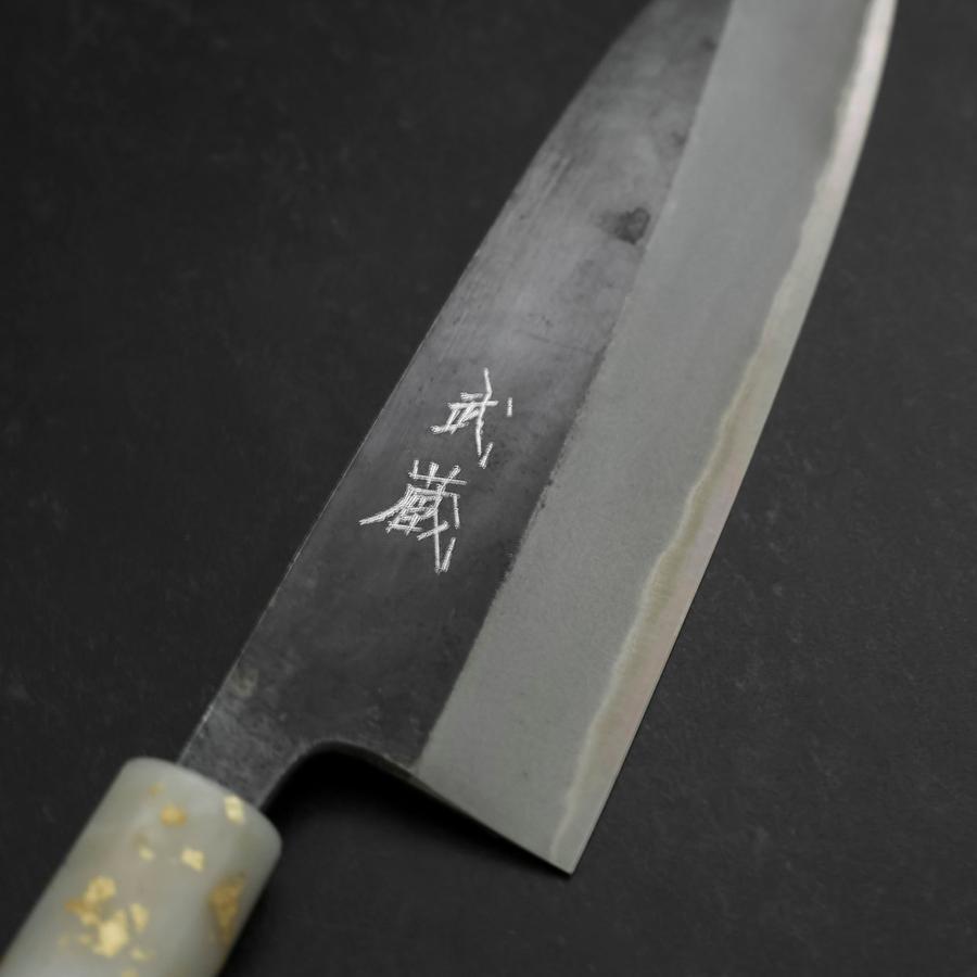 Santoku Blue Steel #2 Kurouchi Ocean Black White Gold Handle 165mm