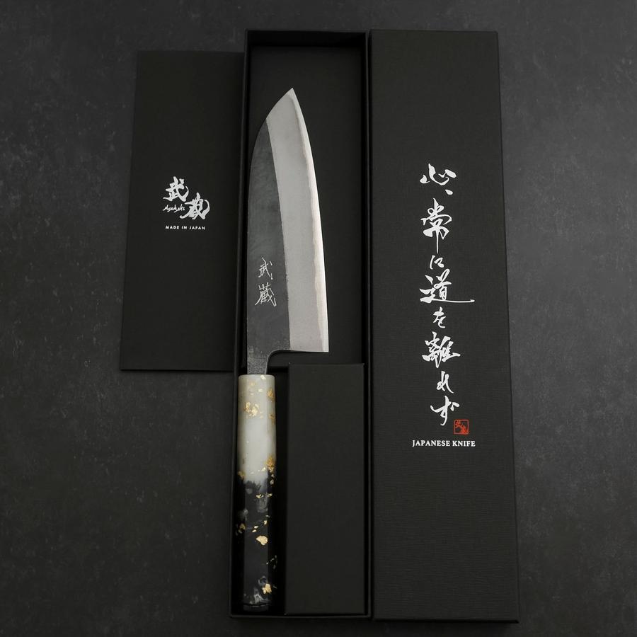 Santoku Blue Steel #2 Kurouchi Ocean Black White Gold Handle 165mm