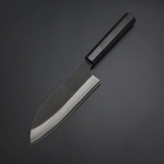 Santoku Cobalt Stainless HRC62 Kurouchi Damascus  Buffalo Ebony Handle 165mm