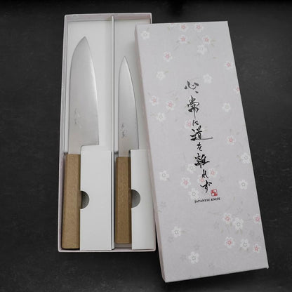 Santoku & Petty Chromax Polished White Urushi Handle Sakura Set