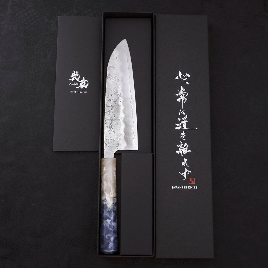 Santoku Silver Steel #3 Nashiji Ocean Blue White Handle 165mm