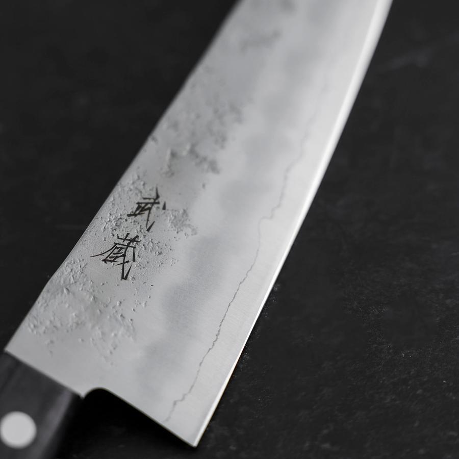 Santoku Silver Steel #3 Nashiji Western Purple Handle 180mm (Tsuba-Nashi)