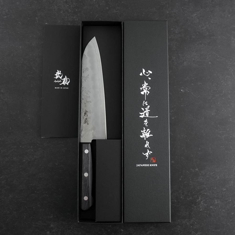 Santoku Silver Steel #3 Nashiji Western Purple Handle 180mm (Tsuba-Nashi)