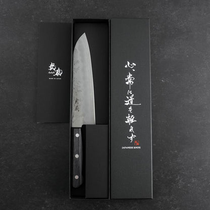 Santoku Silver Steel #3 Nashiji Western Purple Handle 180mm (Tsuba-Nashi)