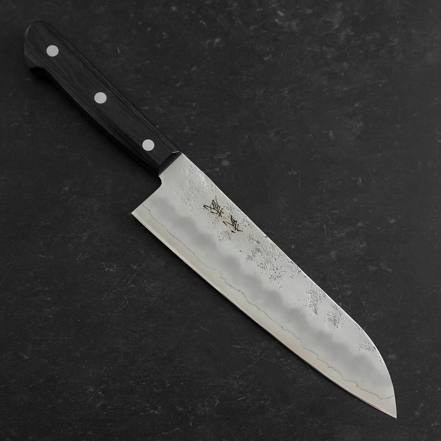 Santoku Silver Steel #3 Nashiji Western Purple Handle 180mm (Tsuba-Nashi)