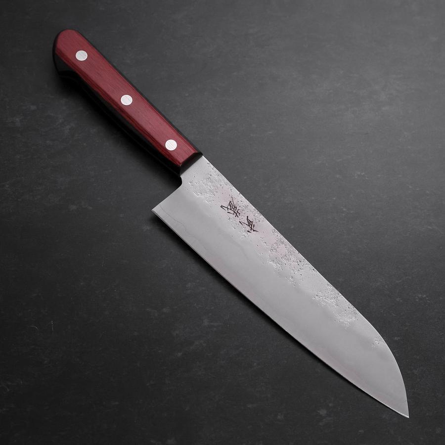 Santoku Silver Steel #3 Nashiji Western Red Handle 180mm (Tsuba-Nashi)