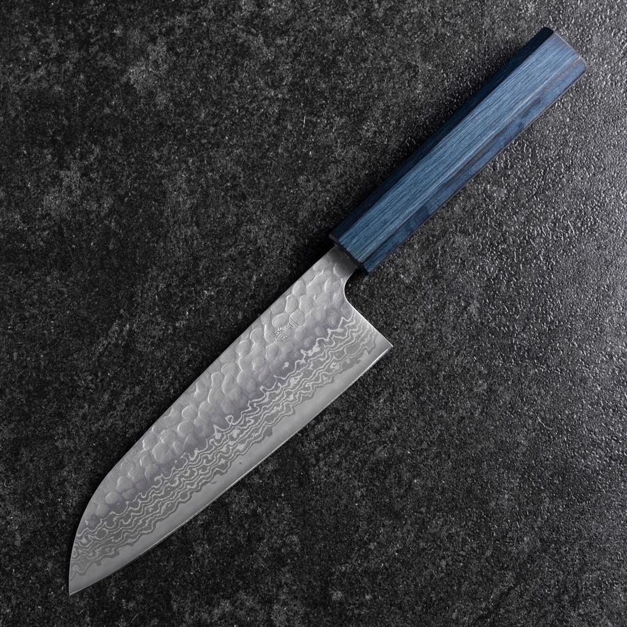 Santoku Silver Steel #3 Tsuchime Damascus Dark Blue Urushi Handle 170mm (6.7”)-[Musashi]-[Japanese-Kitchen-Knives]
