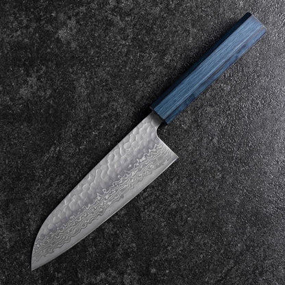 Santoku Silver Steel #3 Tsuchime Damascus Dark Blue Urushi Handle 170mm (6.7”)-[Musashi]-[Japanese-Kitchen-Knives]