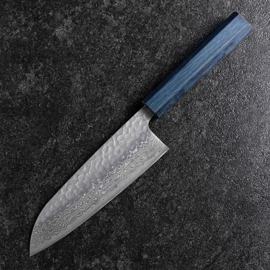 Santoku Silver Steel #3 Tsuchime Damascus Dark Blue Urushi Handle 170mm (6.7”)-[Musashi]-[Japanese-Kitchen-Knives]