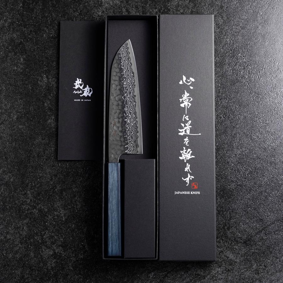Santoku Silver Steel #3 Tsuchime Damascus Dark Blue Urushi Handle 170mm (6.7”)-[Musashi]-[Japanese-Kitchen-Knives]