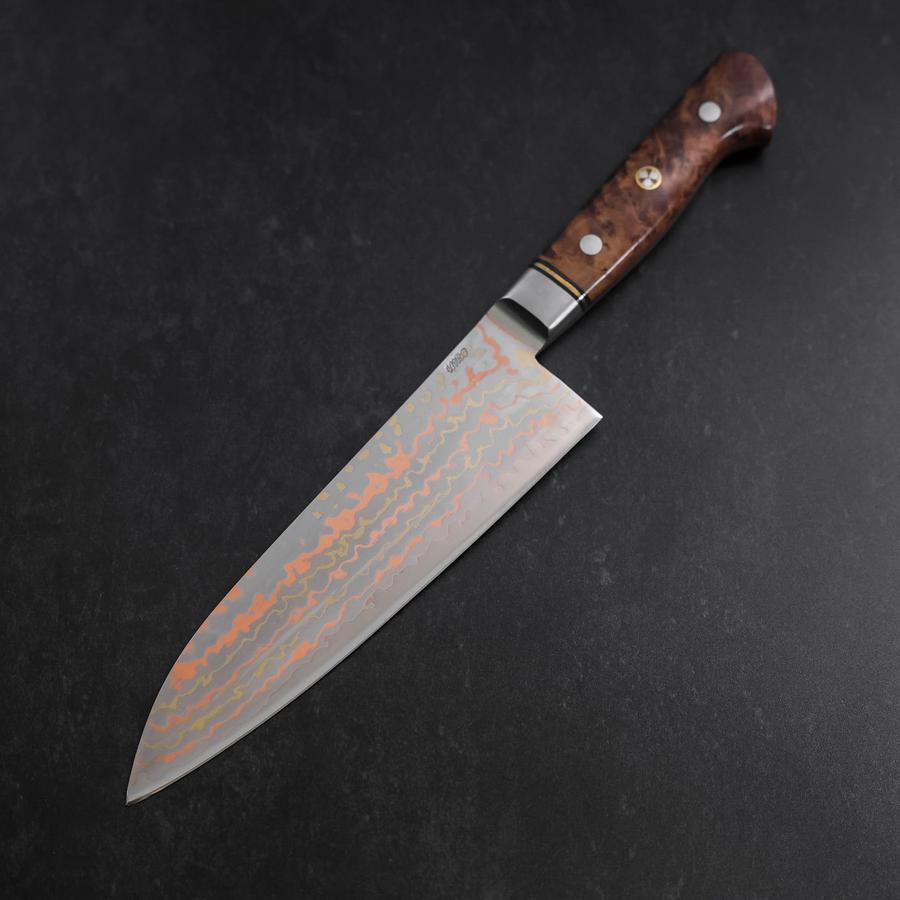 Santoku Stainless Clad Blue Steel #2 Colored Damascus Western Karin Handle 180mm