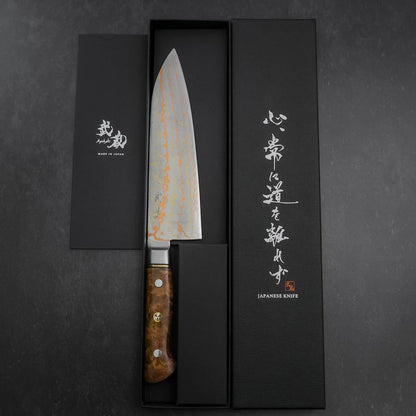 Santoku Stainless Clad Blue Steel #2 Colored Damascus Western Karin Handle 180mm