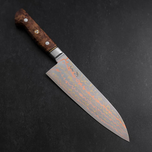 Santoku Stainless Clad Blue Steel #2 Colored Damascus Western Karin Handle 180mm