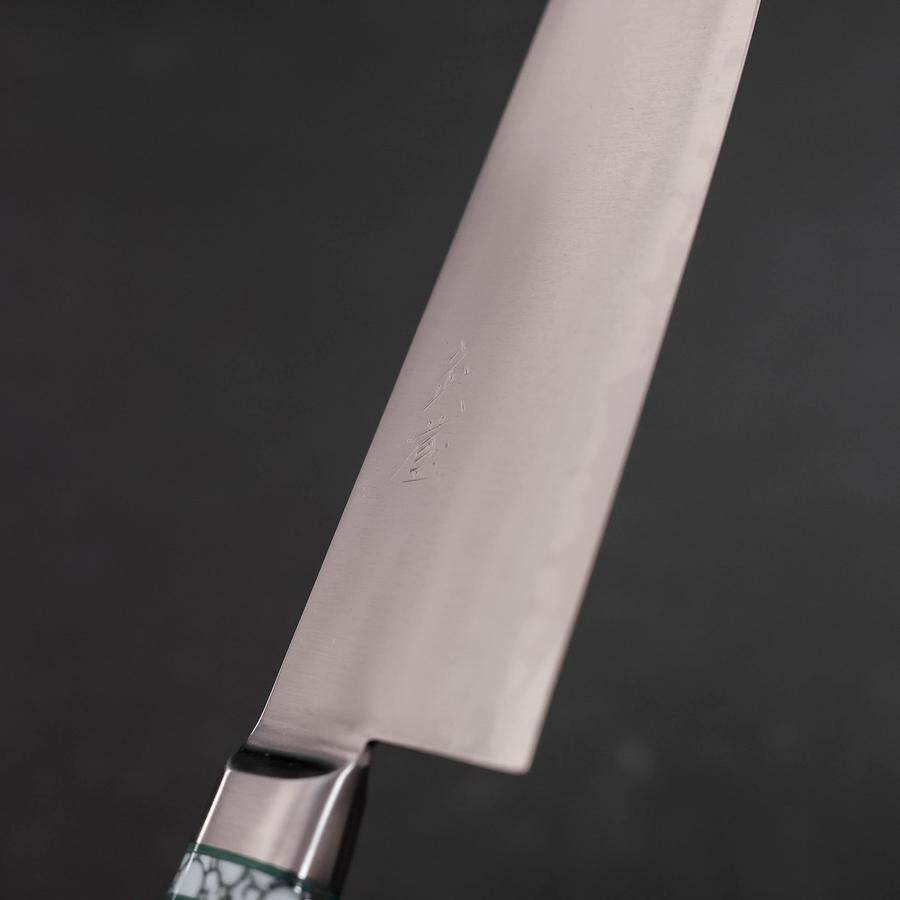 Santoku Stainless Clad Blue Steel #2 Polished Green Micarta Turqoise Handle 180mm
