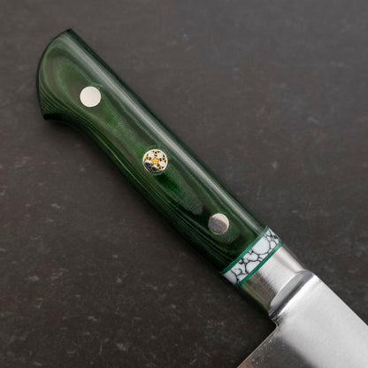 Santoku Stainless Clad Blue Steel #2 Polished Green Micarta Turqoise Handle 180mm