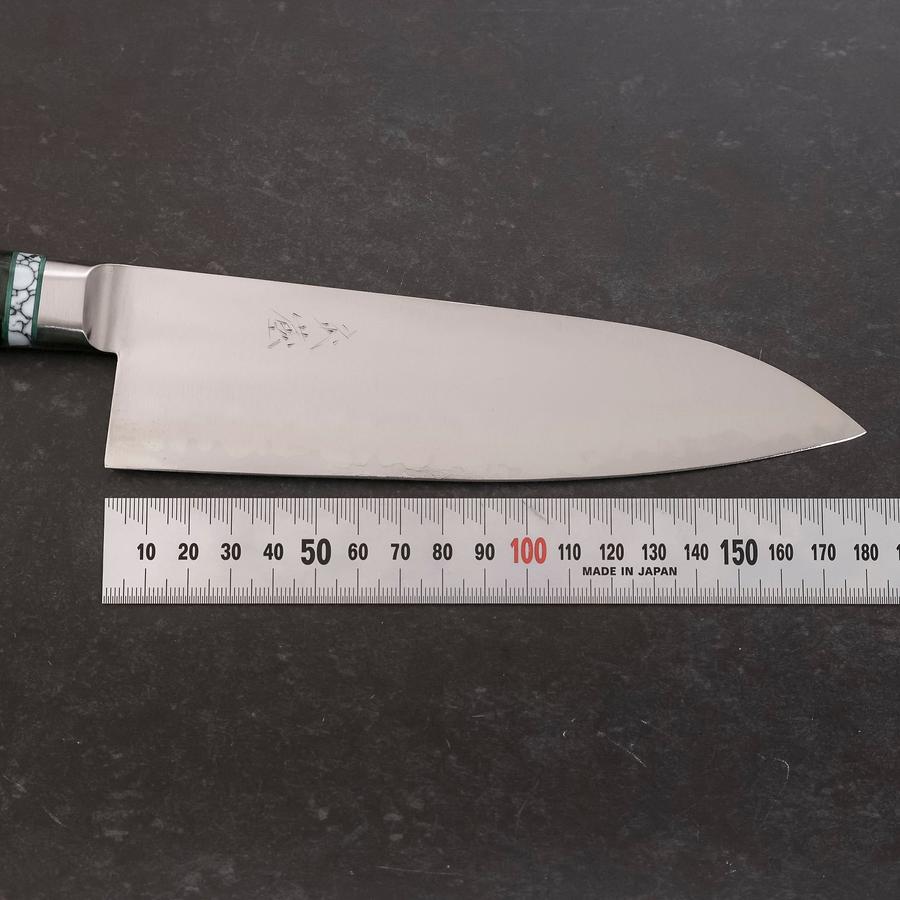 Santoku Stainless Clad Blue Steel #2 Polished Green Micarta Turqoise Handle 180mm