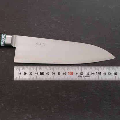 Santoku Stainless Clad Blue Steel #2 Polished Green Micarta Turqoise Handle 180mm