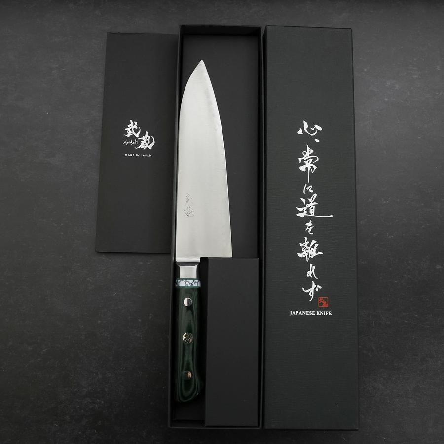 Santoku Stainless Clad Blue Steel #2 Polished Green Micarta Turqoise Handle 180mm