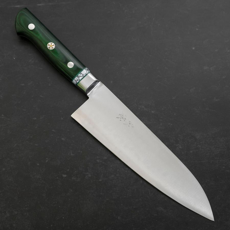 Santoku Stainless Clad Blue Steel #2 Polished Green Micarta Turqoise Handle 180mm
